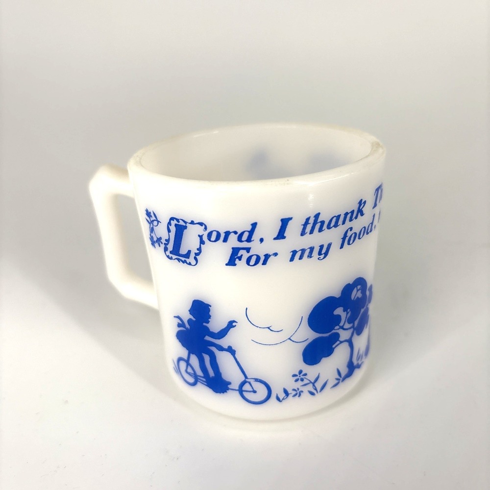 VTG Hazel Atlas White Milk Glass Mug Lord I Thank Thee For Today For My Food